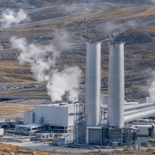 Geothermal power plant with two tall grey cooling towers and steam rising across brown hills