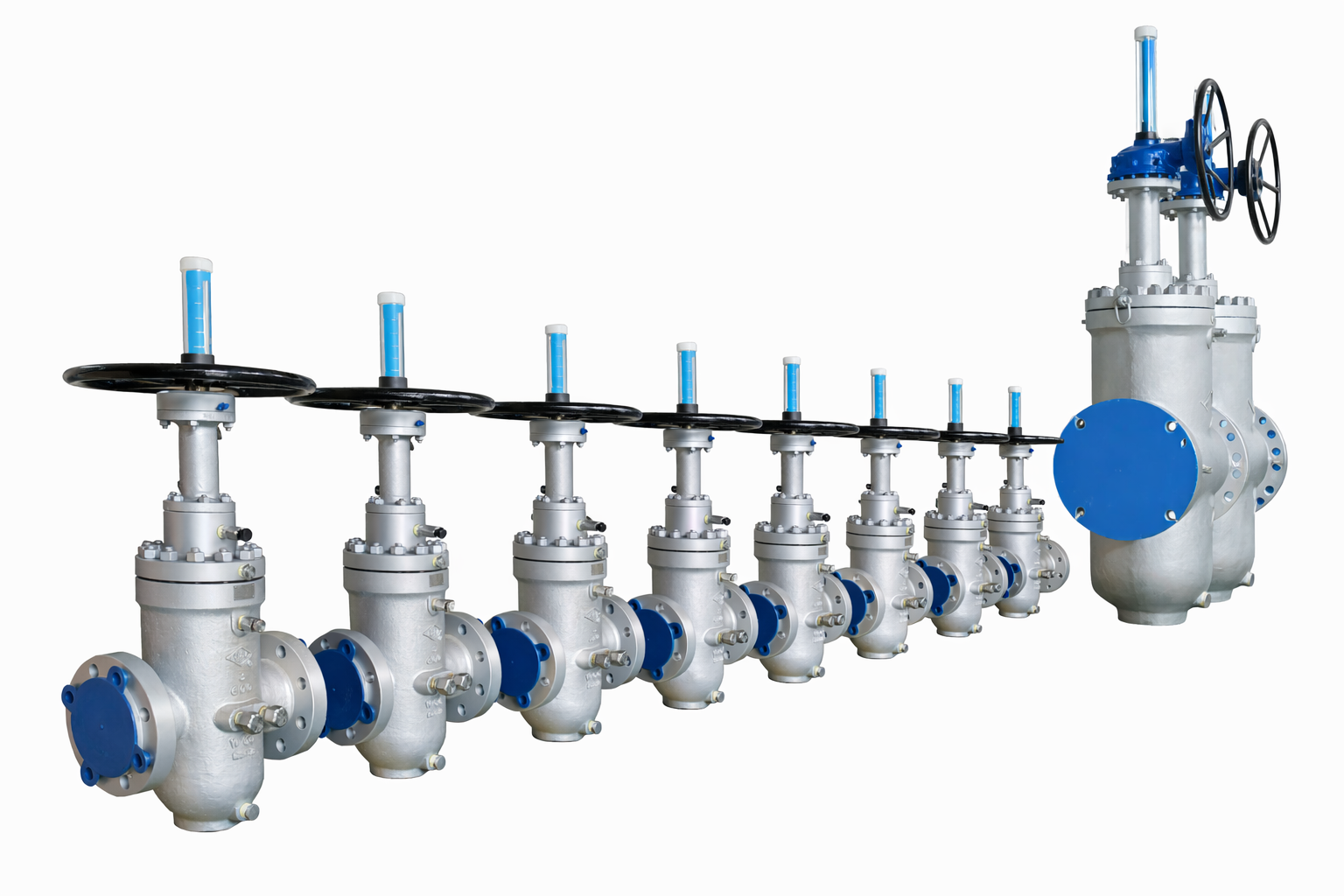 Row of EPI industrial valves with blue flanges on white background